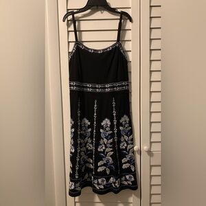 Elegant Black and Blue Floral Dress, INC size M, Embroidered